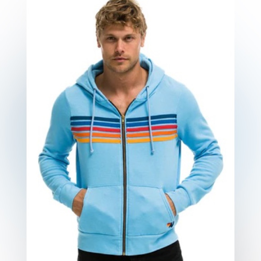 Rare Aviator Nation Sky Blue 5-Stripe Zip Up Hoodie